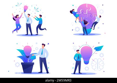 Set Flat 2D concepts to create new ideas, startup. Brainstorm business ideas. For Concept for web design. Stock Vector