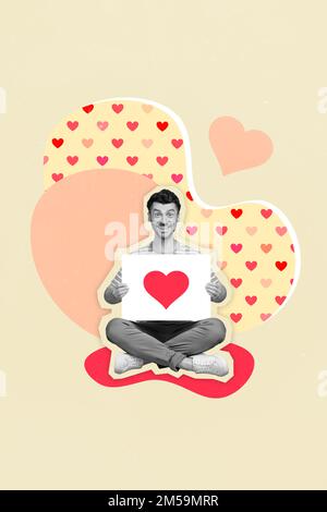 Photo collage artwork minimal picture of excited funny guy rising heart billboard looking for girlfriend isolated drawing background Stock Photo