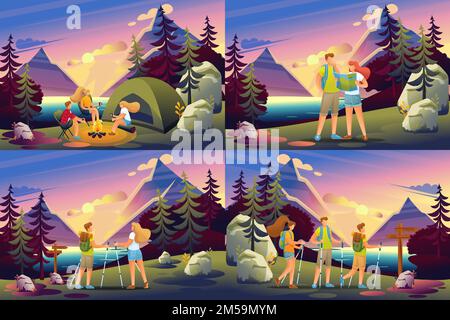 Set 2D Flat concepts of active recreation of people in the forest, camping. For Concept for web design. Stock Vector