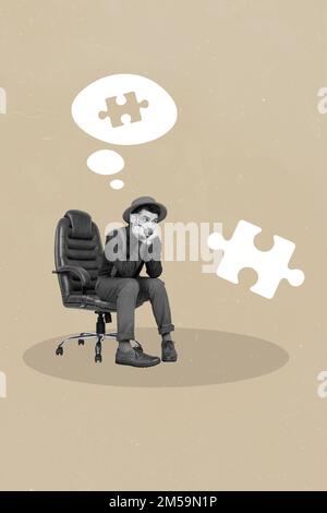 Exclusive magazine picture sketch collage image of thoughtful stressed guy thinking jigsaw game isolated painting background Stock Photo