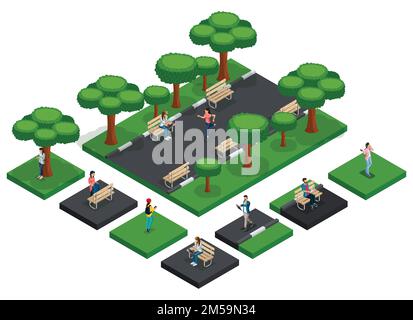 Isometric vector Fashion people, teenagers 3D icon set for creation of the park with people jogging, city park benches, fresh air insulated. Stock Vector