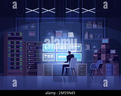 Internet hacker attack and personal data security concept. Computer security technology. E-mail spam viruses bank account hacking. Hacker working on a Stock Vector