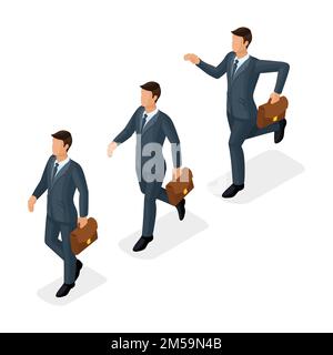 Trendy isometric people, 3d businessmen, movement jogging, fast step, goal achievement, young businessman with briefcase isolated on white background. Stock Vector