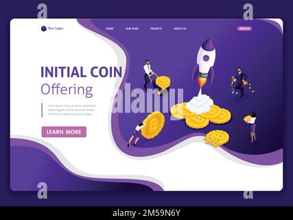 Template Website Isometric Landing page concept connected with crypto servers for Initial Coin Offering ICO. Staptup ICO. Easy to edit and customize, Stock Vector