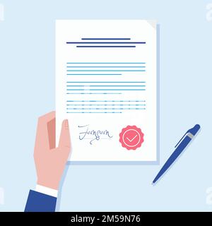Business man hand holding contract agreement vector illustration, signed treaty paper with pen, legal document symbol with stamp, documentation flat s Stock Vector