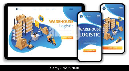 Website Template Landing page Isometric concept customer service, delivery service, Warehouse Logistic, trucking, support 24 7. Easy to edit and custo Stock Vector