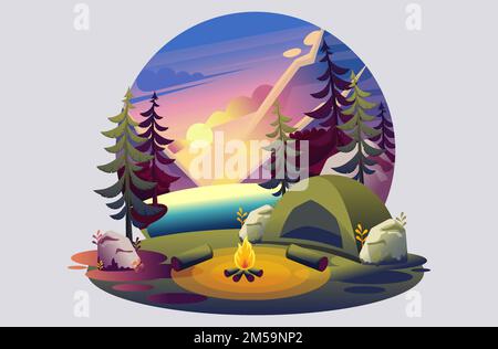 Bright illustration of a campsite, a tent with a fire on the background of the sunset on the lake. Flat 2D character. Concept for web design. Stock Vector