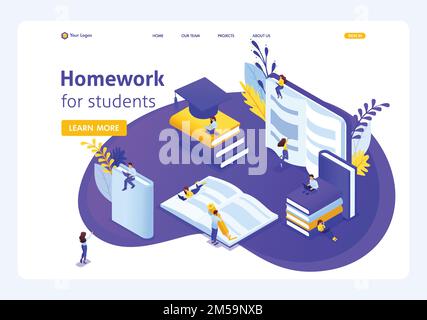 Website Template Landing page Isometric concept Homework for e-learning students, read and write using gadgets. Easy to edit and customize-01. Stock Vector