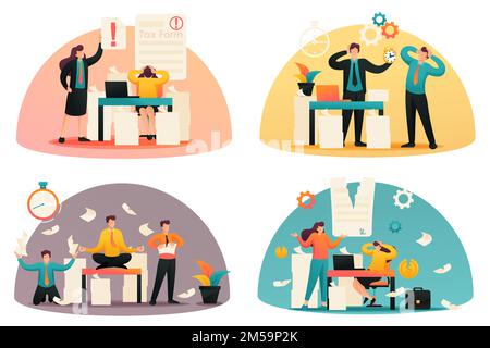 Flat 2D concepts Time of tax payments, Completing the tax form, Stressful situation. Concept for web design. Stock Vector