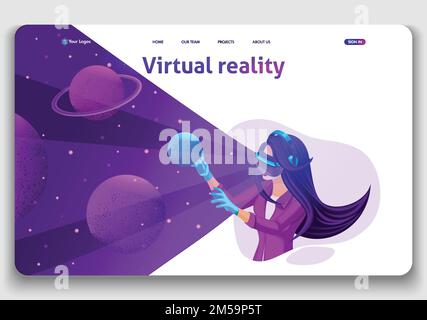 Website Template Landing page Isometric concept of augmented reality, the girl plays in virtual eyes in virtual reality. Easy to edit and customize. Stock Vector