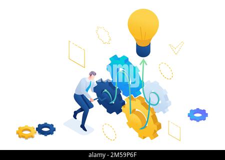 Entrepreneur develops a business idea twists gears. Creating a business idea. 3D isometric. Concept for web design. Stock Vector
