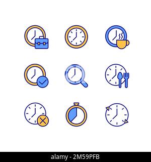 Timekeeping in daily life pixel perfect RGB color icons set Stock Vector