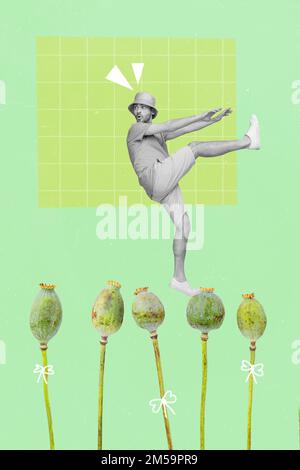 Creative 3d photo collage artwork graphics painting of funny funky guy dancing poppies isolated drawing background Stock Photo