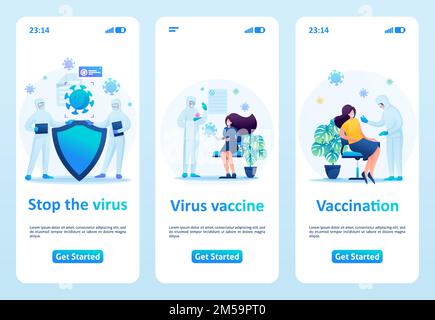 Stop the spread of the virus, vaccination and prevention. Flat 2D. Vector illustration mobile app. Stock Vector
