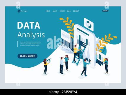 Website Template Landing page Isometric concept data collection by workers, the process of analyzing data on the tablet. Easy to edit and customize. Stock Vector
