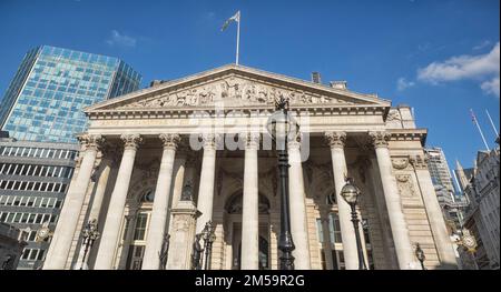 LONDON, UK - AUGUST 25, 2017:  Wide angle shot of the front facade of the Royal Exchange Building in the city of London Stock Photo