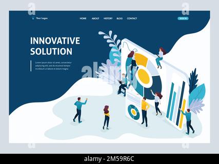Website Template Landing page Isometric concept young entrepreneurs, marketing research, innovative solution. Easy to edit and customize. Stock Vector
