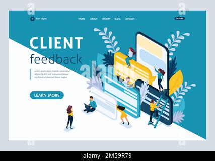 Website Template Landing page Isometric concept young entrepreneurs, customer Reviews and comments. Easy to edit and customize. Stock Vector