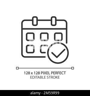 Calendar with check mark pixel perfect linear icon Stock Vector