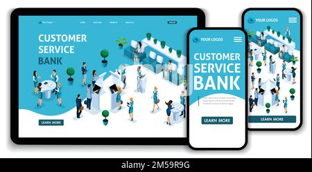 Website Template Landing page Isometric customer service room, clients serviced by bank consultants, deposits, loans, mortgages. Easy to edit and cust Stock Vector