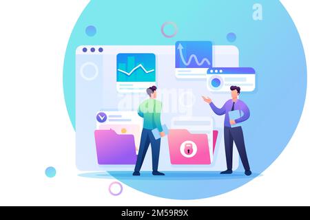 Young entrepreneurs discuss the data on the screen. Flat 2D character. Concept for web design. Stock Vector