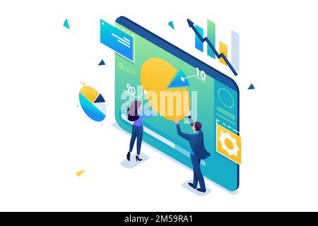 Young entrepreneurs are working with a chart on a tablet. Data Analytics. 3D isometric. Concept for web design. Stock Vector