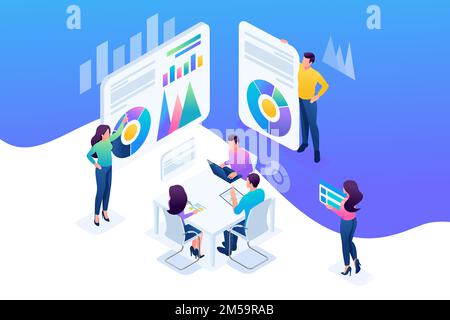 Isometric staff training, increasing the knowledge of the organization's employees. Concept for web design. Stock Vector