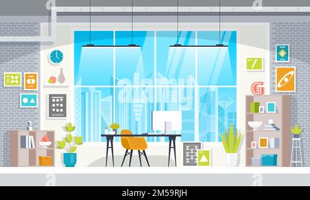 Flat design of modern office designer workplace. Creative office workspace with big window, desktop, modern monitor, furniture in interior. Vector ill Stock Vector