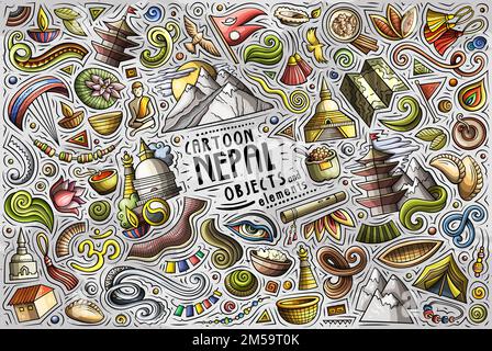 Set of Nepal traditional symbols and objects Stock Vector