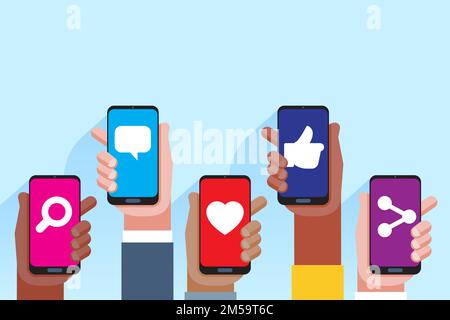 Social media applications. Mobile applications concept. Multi skin color hands raising smartphone. Vector flat illustration Stock Vector