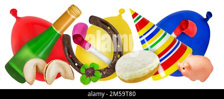 Various colorful party decorations with champagne, balloons, horseshoe and clover isolated on white background Stock Photo