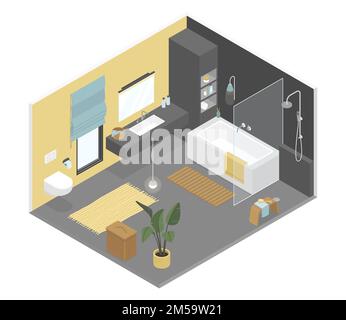 Stylish black bathroom - modern vector colorful isometric illustration Stock Vector