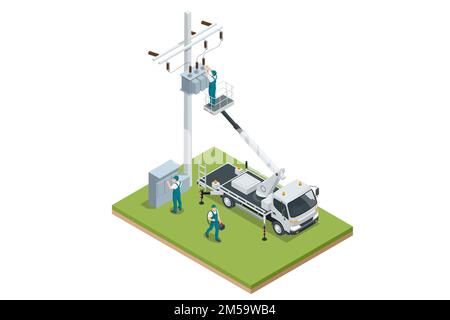 Isometric Transformer . Electric Energy Factory Distribution Chain. Maintenance of voltage transformer, repair of power lines, work at height in Stock Vector