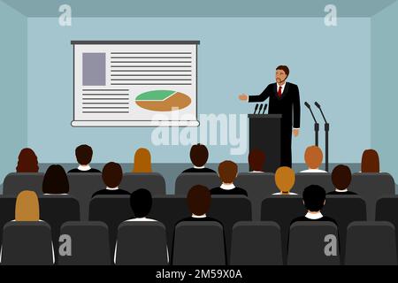 Man holds business presentation in conference room. Vector illustration. Stock Vector