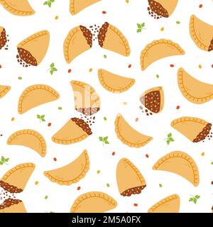 Seamless pattern with empanadas in cartoon flat style. Hand drawn vector background with traditional Latino America food, folk cuisine. Stock Vector