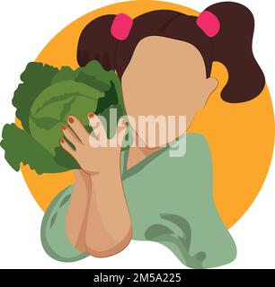 Girl like healthy and vegan food. Healthy breakfast. Diet food for life. Healthy foods with benefits. Healthy and vegan food concept. Vector illustration Stock Vector