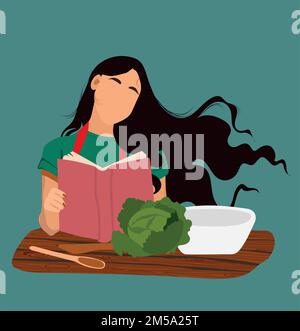 Young woman like healthy and vegan food. Healthy breakfast. Diet food for life. Healthy foods with benefits. Healthy and vegan food concept. Vector illustration Stock Vector