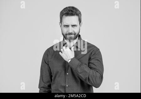 Casual appearance without having to don a tie. Bearded man wear shirt. Wearing smart casual Stock Photo