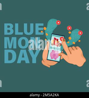 Blue Monday the most depressing day of the year explanation written with white text on a blue background with sad face icon. Vector illustration Stock Vector