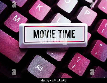 Conceptual caption Movie Time. Word for the scheduled or actual time at which a show or film begins Stock Photo