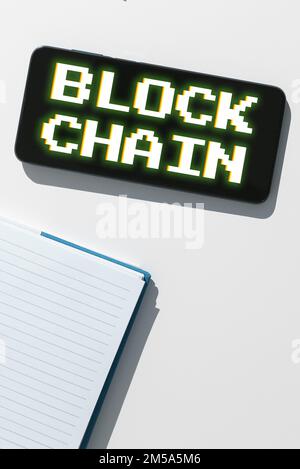Text caption presenting Block Chain. Word Written on system in which a record of transactions made in bitcoin Stock Photo