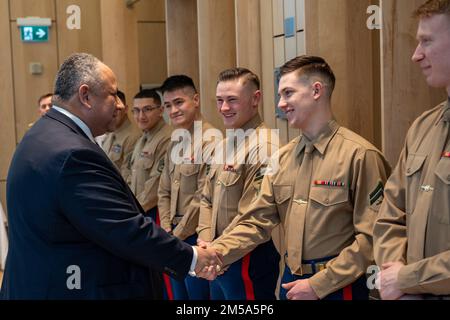 OSLO, Norway (Feb. 14, 2022) — Secretary of the Navy Carlos Del Toro greets U.S. Marines assigned to Marine Security Guard, Detachment Oslo in Oslo, Norway, Feb. 14, 2022. Secretary Del Toro is in Norway to visit U.S. service members and Norwegian government leaders to reinforce existing bilateral and multilateral security relationships between the U.S. Navy and the Royal Norwegian Navy. Stock Photo