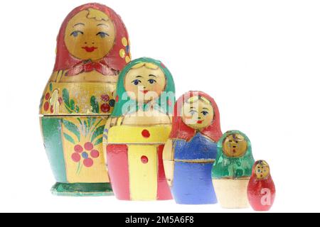 old Matryoshka dolls set isolated on white background Stock Photo
