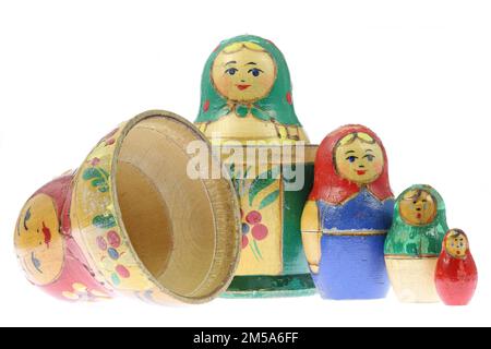 old Matryoshka dolls set isolated on white background Stock Photo