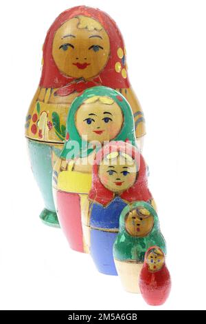 old Matryoshka dolls set isolated on white background Stock Photo