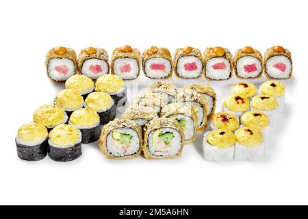 Set of baked sushi rolls with cheese and tempura rolls on white Stock Photo