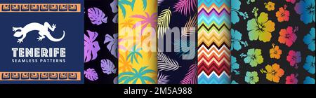 Tenerife Collection of Seamless Patterns. Set of graphics with palm trees, monsteras, flowers, leafs. Designs for beach towels, wrapping paper Stock Vector