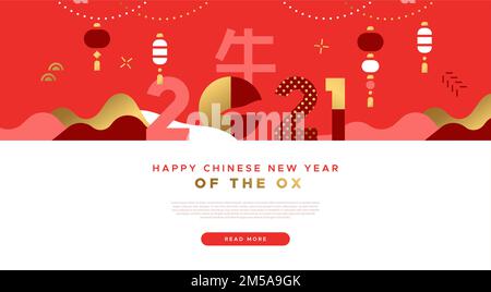 Chinese New Year 2021 web template illustration in modern flat geometric style. Minimalist red asian design of sky lantern, mountains and date number Stock Vector