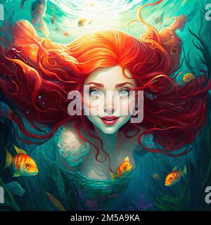 Beautiful mermaid with red hair, illustration Stock Photo