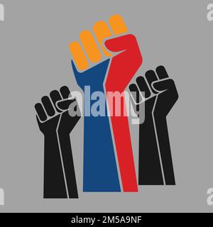Vector raised fists symbols. Three different color tones illustration isolated on grey background, multiple hands raised up. Stock Vector